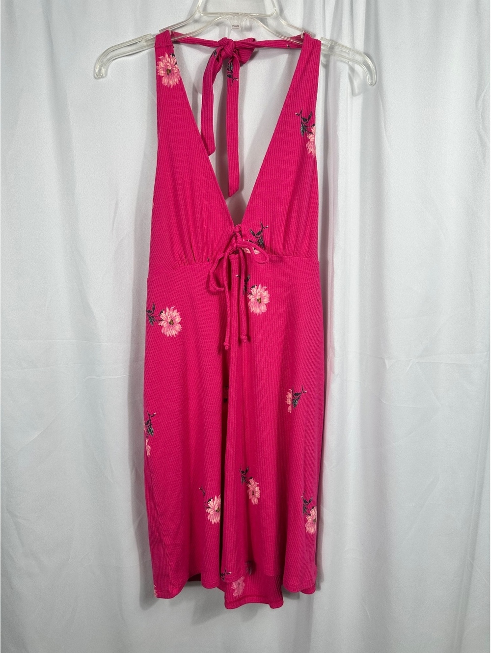 American Eagle Pink Floral Ribbed Halter Dress Size Large